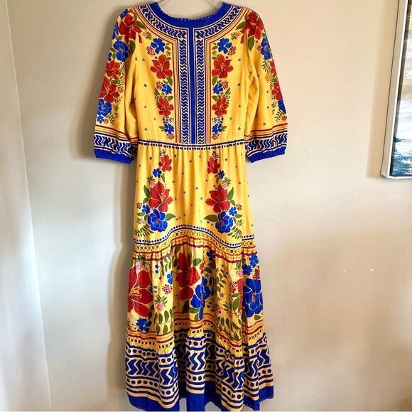 NEW FARM Rio Floral Yard Yellow Maxi Dress Embroidered Eyelet Beaded Tassel XS/S - Picture 13 of 16